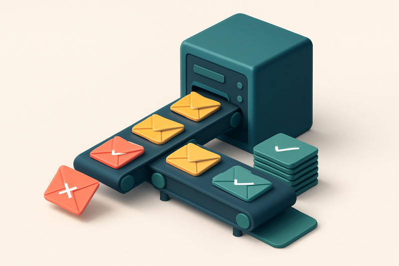an isometric server rack with three parallel conveyor belts: one spitting out red 'invalid' email envelopes, one sorting