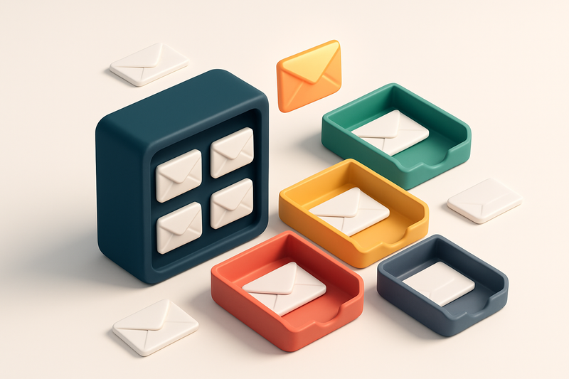 An isometric email inbox with envelopes being sorted onto a green 'valid' tray, a yellow 'risky' tray, a red 'invalid' t