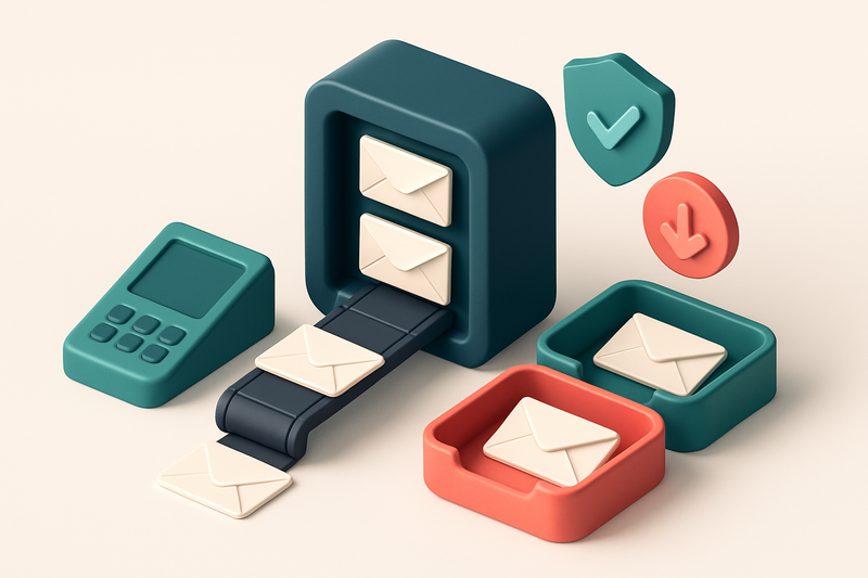 An isometric email inbox with envelopes being sorted onto a green 'valid' tray and a red 'invalid' tray, a conveyor belt