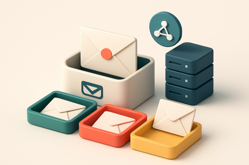 An isometric email inbox with envelopes being sorted onto a green 'valid' tray, a red 'invalid' tray, and a yellow 'risk