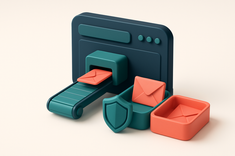 An isometric dashboard with a conveyor belt feeding colored envelopes into two trays: green 'Valid' and red 'Invalid', w