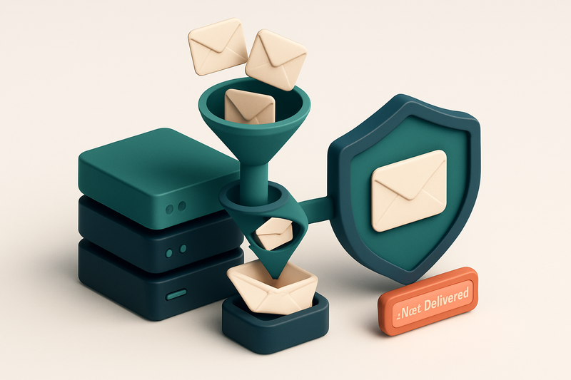 An isometric email server stack sending envelopes through a rotating funnel labeled 'SPF, DKIM, DMARC' into a shield-sha