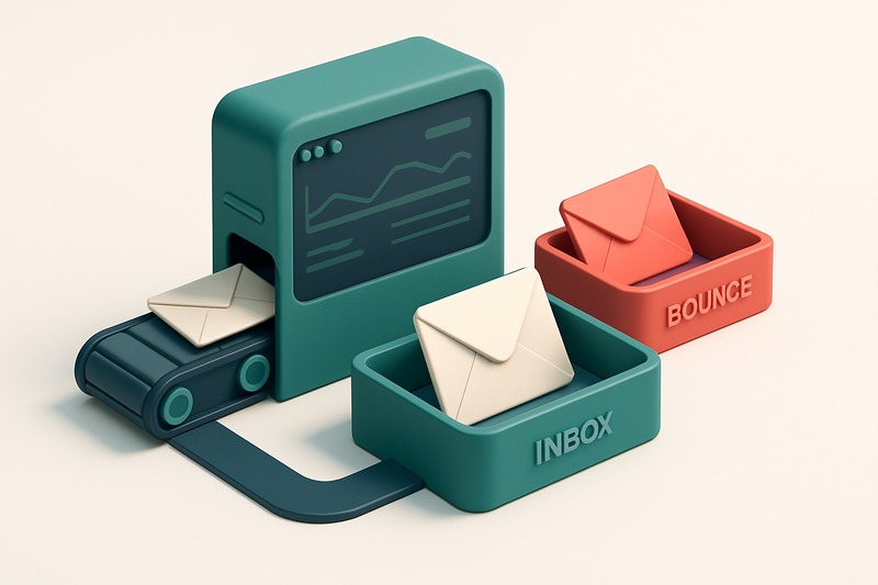 Hero: an isometric view of a green Pardot dashboard with a conveyor belt feeding into it; on one side, envelopes labeled
