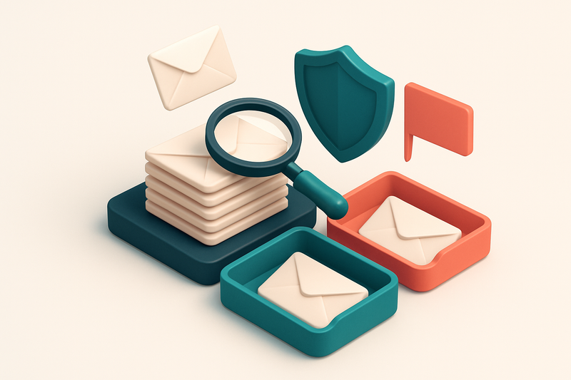 an isometric email inbox with envelopes being sorted onto a green 'valid' tray and a red 'invalid' tray, a magnifying gl