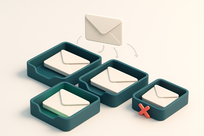An isometric email inbox with envelopes labeled 'valid', 'catch-all', 'risky', and 'disposable' being sorted into separa