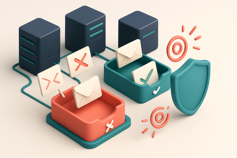 An isometric network of servers and email envelopes, with a red 'invalid' tray rejecting envelopes marked 'unknown', whi