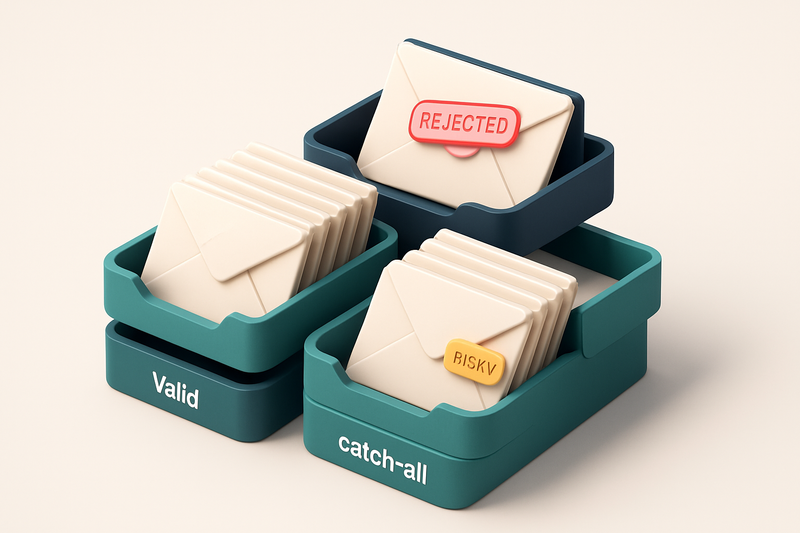 An isometric email inbox stacked with digital envelopes labeled valid, invalid, catch-all, and risky; a red 'rejected' s
