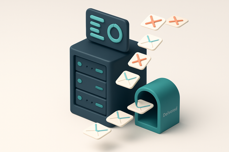 An isometric server rack with a live feed of email packets streaming through it, some marked with red 'X' icons (failed