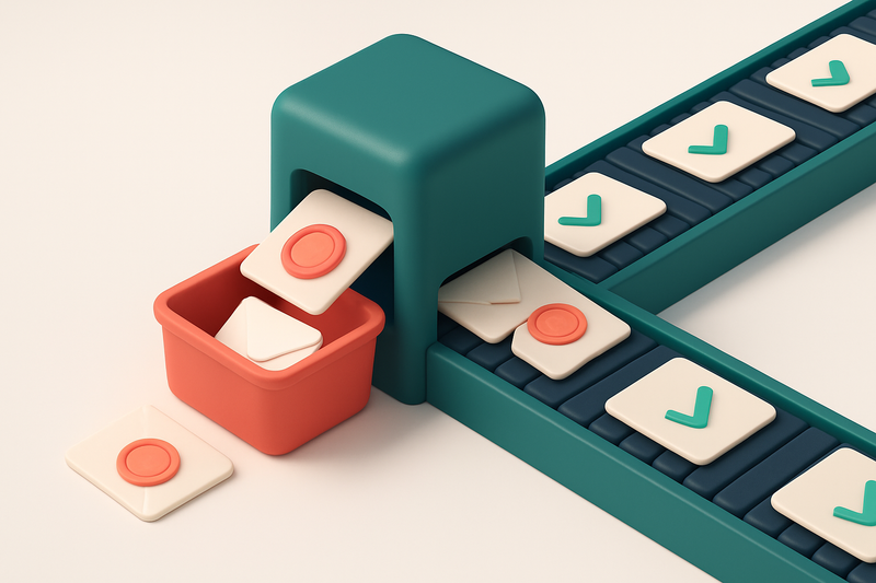 an isometric email list flowing through a conveyor belt, with some emails stamped 'disposable' and diverted into a red '