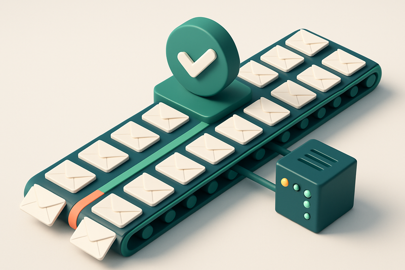 an isometric illustration of a 3D restaurant email list conveyor belt: 30 envelopes labeled with names and email address