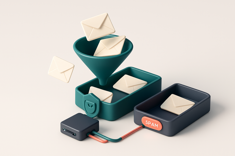 An isometric inbox with a funnel dumping envelopes into a green 'inbox' tray, a red 'spam' tray, and a grey 'blocked' tr