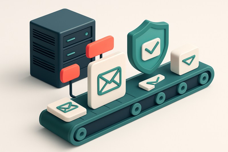 An isometric email list with red 'invalid' and 'risky' labels being pulled out of a conveyor belt, while green 'valid an