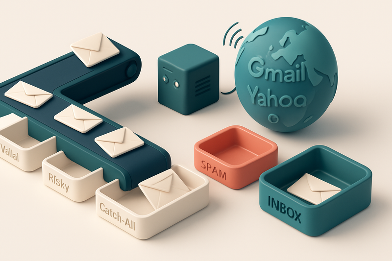 An isometric illustration of a conveyor belt moving envelopes labeled 'valid', 'risky', 'catch-all', and 'invalid' into