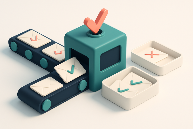 An isometric email inbox with a conveyor belt bringing envelopes labeled 'New Lead' into a central verification machine.