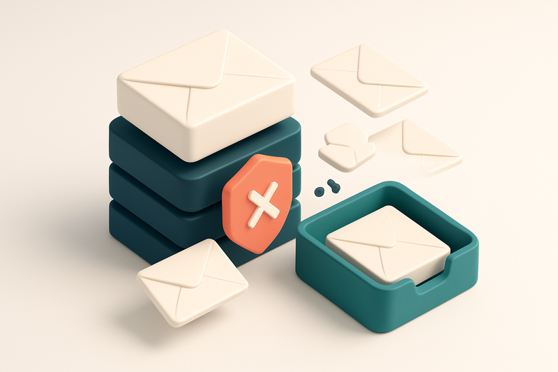 Hero: an isometric email server stack with duplicate envelopes labeled 'same user' being automatically filtered out by a