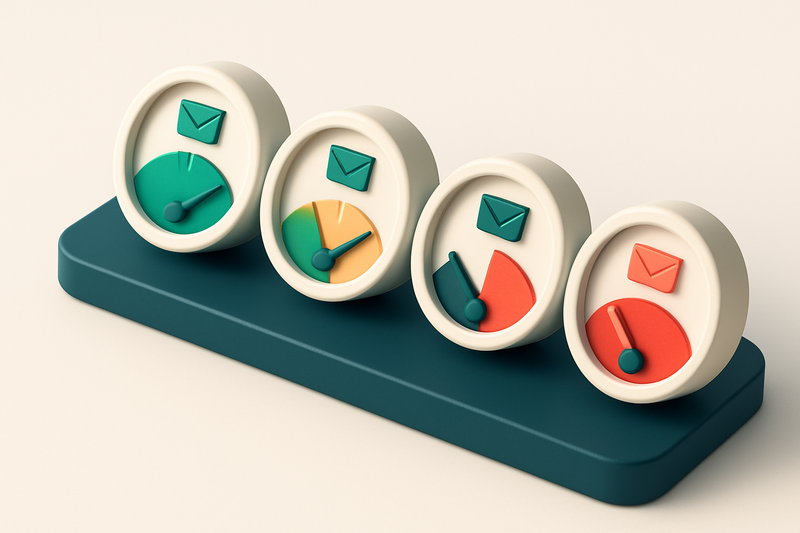 a row of four gauges showing inbox placement status (green for inbox, yellow for spam, red for blocked)