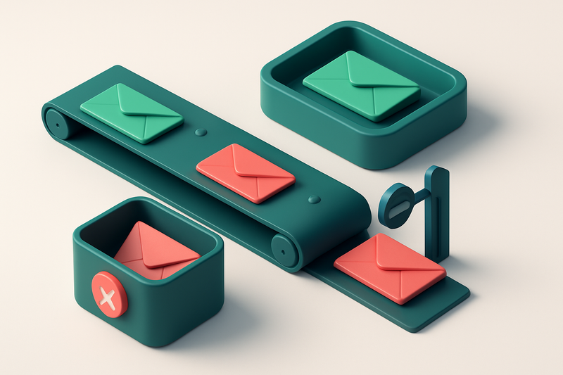 an isometric inbox with envelopes being sorted via a conveyor belt — green 'valid' envelopes go into a smooth inbox tray