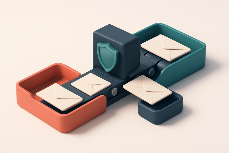 An isometric inbox with envelopes being sorted by a conveyor belt—one side sends valid emails into a green 'Inbox' tray,
