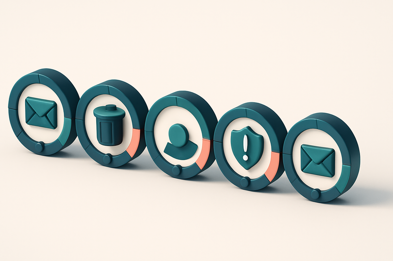 a row of five gauges, each showing a different status: inbox, spam, bounce, risky, and valid
