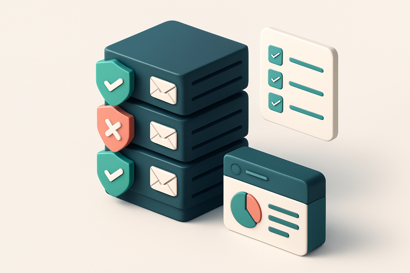 An isometric email server rack with green 'SPF-valid' shields on some servers, red 'SPF-fail' shields on others, and a d