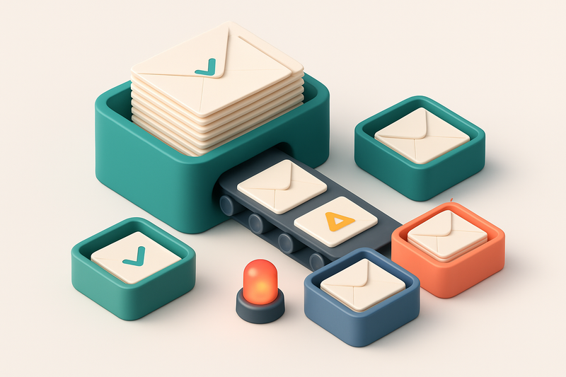 An isometric email inbox stacked high with envelopes, each labeled with a unique verdict: green 'valid', red 'invalid',