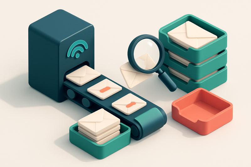 An isometric illustration of a conveyor belt carrying envelopes labeled 'valid', 'invalid', 'catch-all', and 'risky' fro