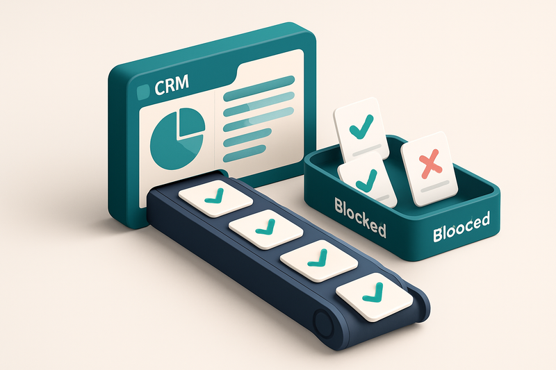 An isometric view of a Zoho CRM dashboard with automated reports flowing through a conveyor belt, where green checks mar