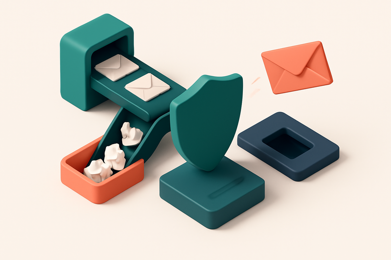 An isometric email inbox divided into three lanes: a green 'inbox' conveyor belt with envelopes, a red 'spam' chute with