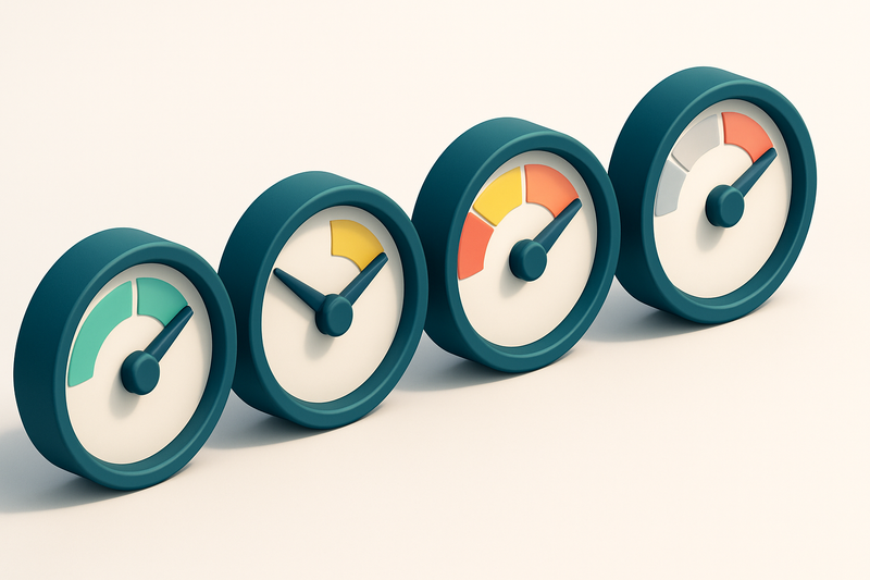a row of four identical gauge dials, each showing a different level of deliverability (green, yellow, red, gray)