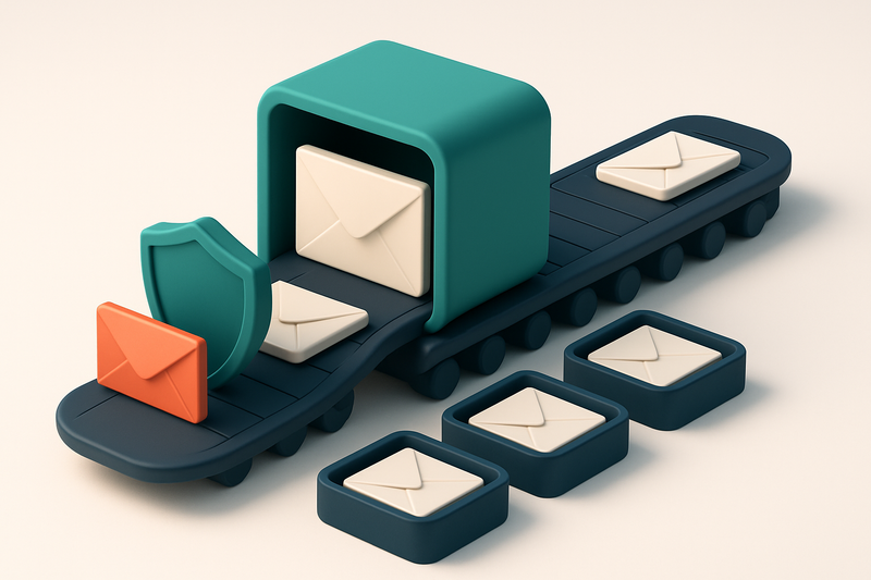An isometric email inbox layered with envelopes labeled 'valid', 'invalid', 'catch-all', and 'risky', each sorted into l