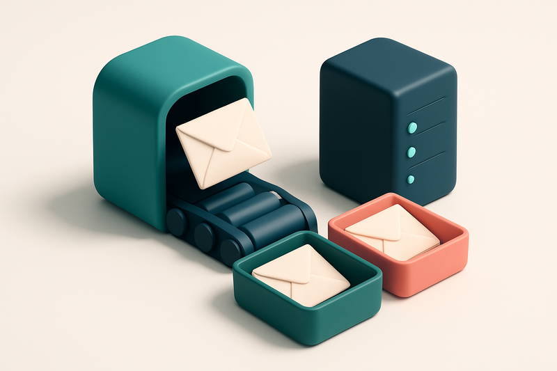 A 3D isometric illustration of an inbox mailbox with envelopes being automatically sorted by a conveyor belt into two la