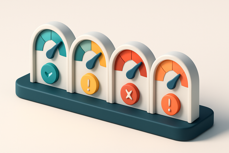a row of four gauges, each showing a different validation status (green, yellow, red, orange)