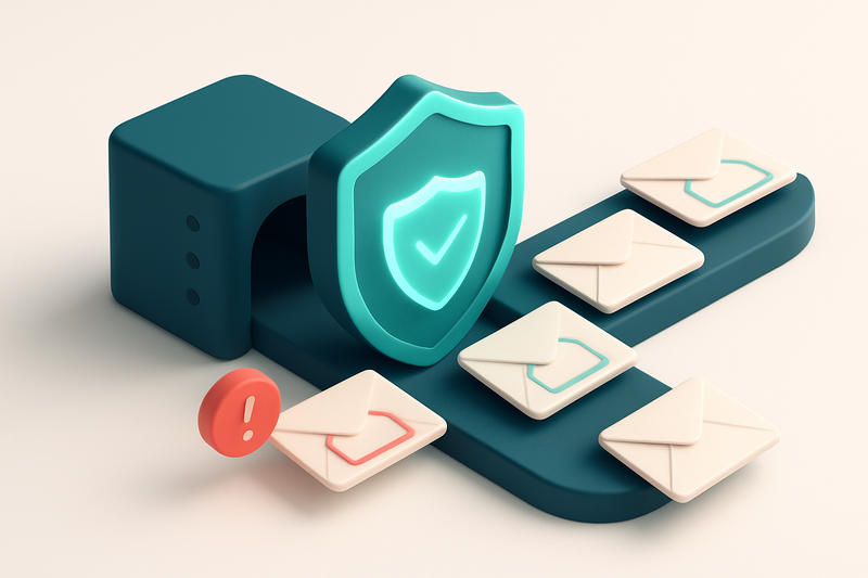 An isometric email server with a glowing shield labeled 'SPF, DKIM, DMARC' protecting a stream of envelopes passing thro