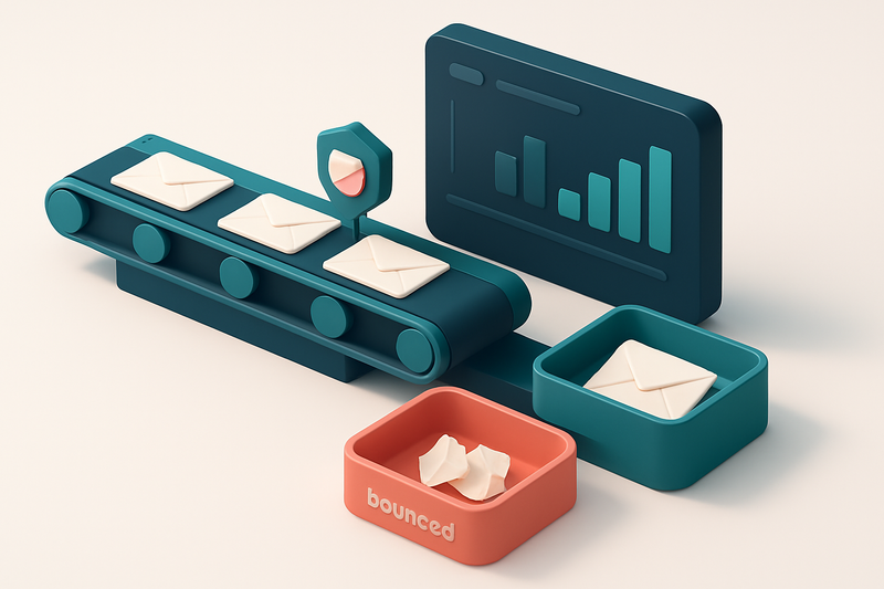 An isometric illustration showing a conveyor belt moving envelopes labeled with email addresses into a Pardot dashboard;