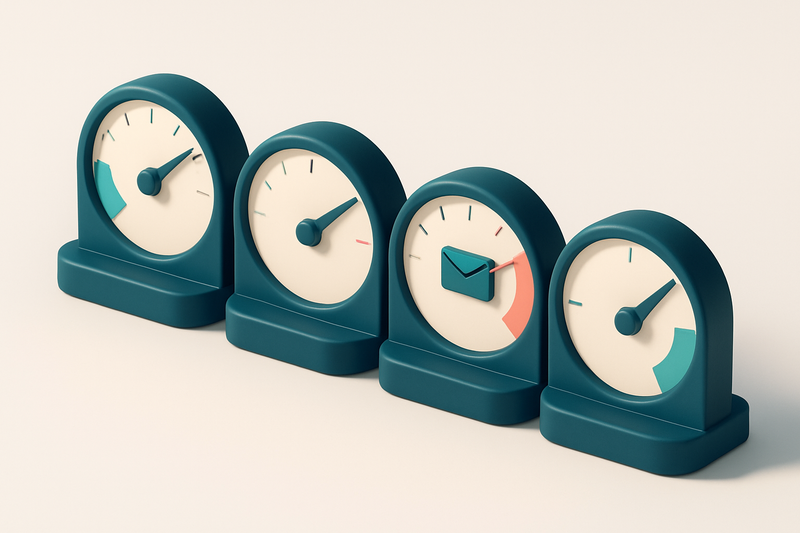 a row of four gauges showing inbox placement, bounce rate, spam risk, and deliverability score