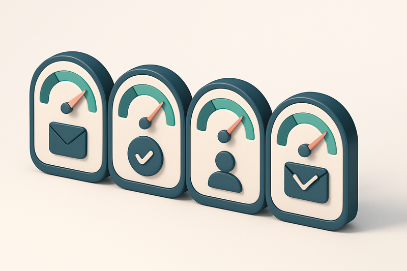 A row of four gauges indicating email verification, deliverability, sender reputation, and inbox placement