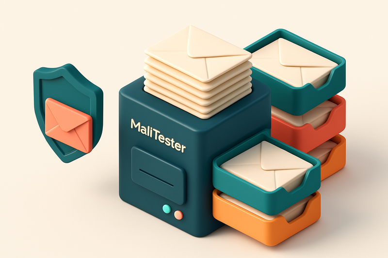 An isometric email inbox with envelopes sorted into three trays: green 'valid', red 'invalid', and orange 'risky', a ser