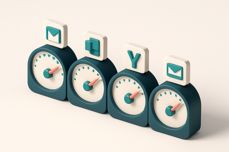 A row of four gauges showing inbox placement per provider (Gmail, Outlook, Yahoo, Apple Mail)