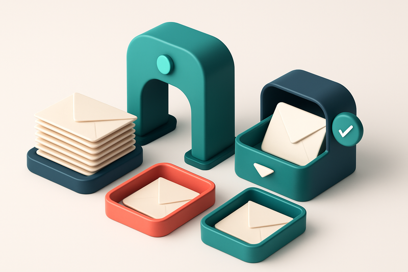 An isometric illustration of a cold email campaign funnel: a stack of physical envelopes labeled 'Prospect List' enters