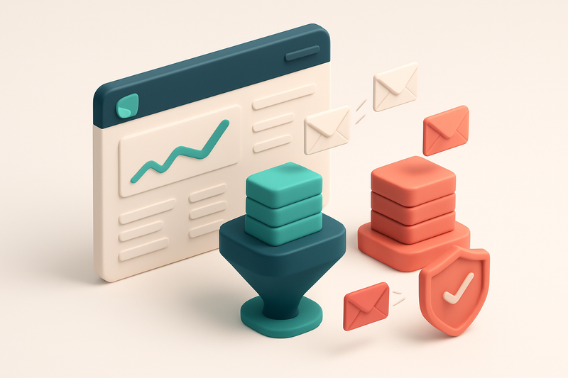an isometric dashboard showing a Freshsales interface with a green 'Valid' stack and red 'Invalid' stack, email icons fl