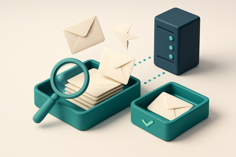 an isometric email inbox with envelopes being sorted onto a green 'valid' tray and a red 'invalid' tray, a magnifying gl