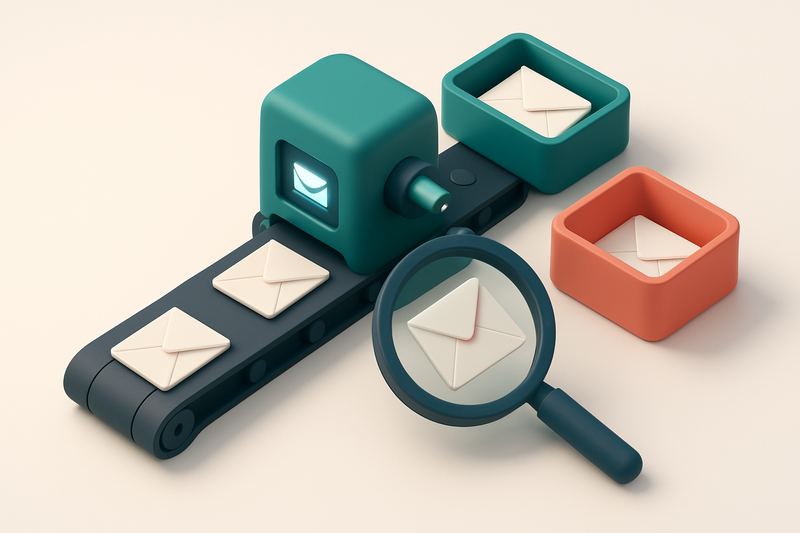 an isometric email dashboard showing a conveyor belt moving envelopes toward a green 'valid' tray and a red 'invalid' tr
