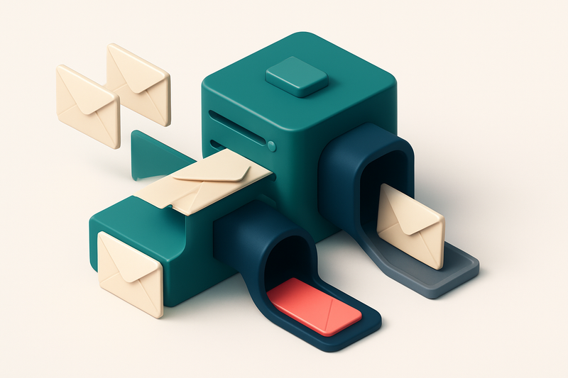 Hero: a 3D isometric illustration of a retail brand’s email campaign funnel—envelopes labeled 'Promo', 'Sale', 'Win-back