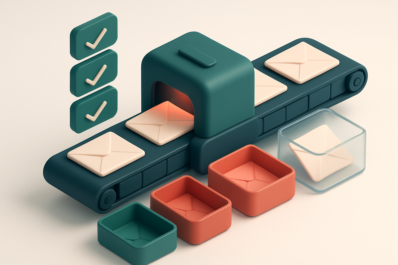 An isometric view of a conveyor belt carrying labeled envelopes through a layered system: green 'valid' tray, red 'block