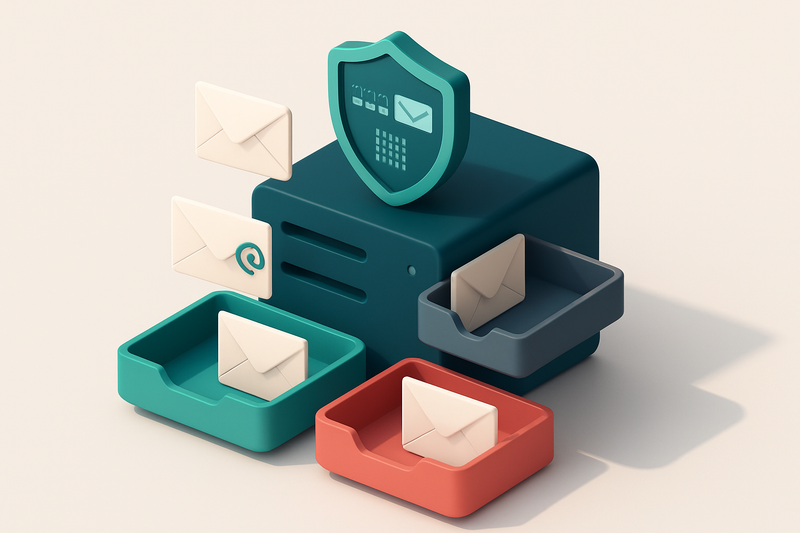 an isometric email server rack with a green 'inbox' tray, red 'blocked' tray, and grey 'delayed' tray, each receiving en