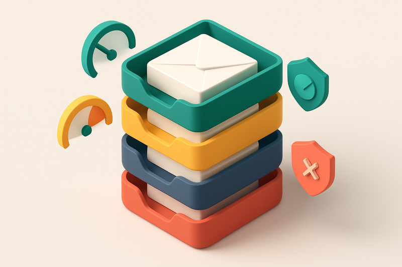 An isometric email inbox stack with envelopes labeled 'valid', 'risky', 'catch-all', and 'invalid', sorted into green (v