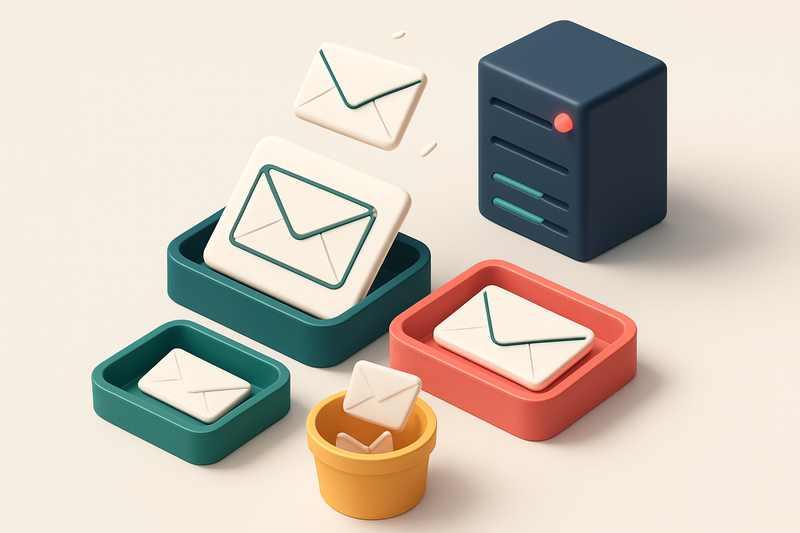 An isometric email inbox with envelopes being sorted onto a green 'valid' tray and a red 'invalid' tray, while disposabl