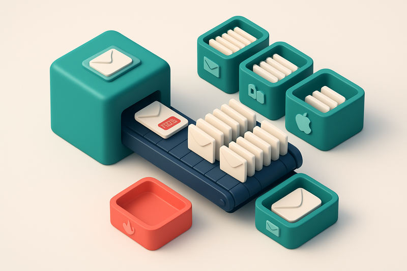 an isometric email server sending test emails through a conveyor belt into 50+ labeled inboxes (Gmail, Outlook, Yahoo, A