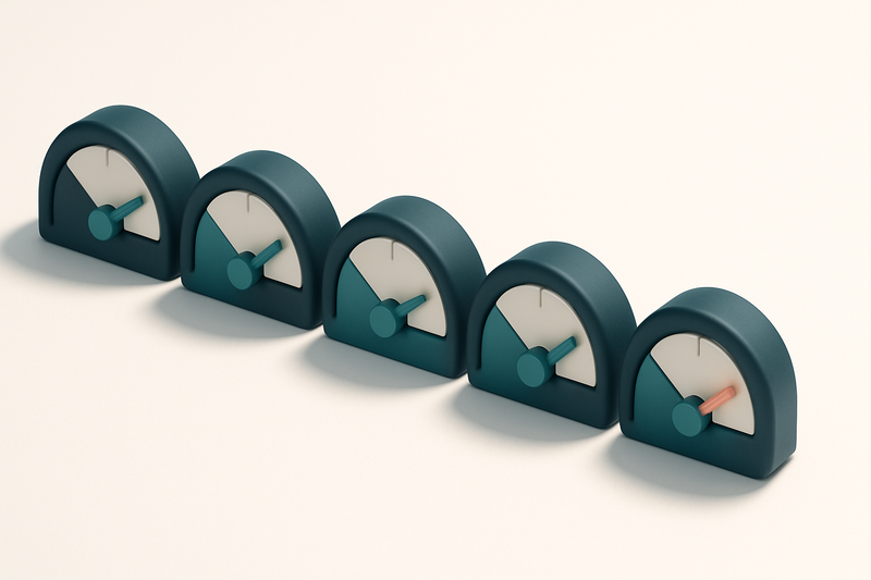 a row of five gauges showing different inbox placement scores