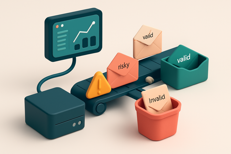 An isometric view of a Braze dashboard connected via cable to a MailTester server, with envelopes labeled 'Valid', 'Inva
